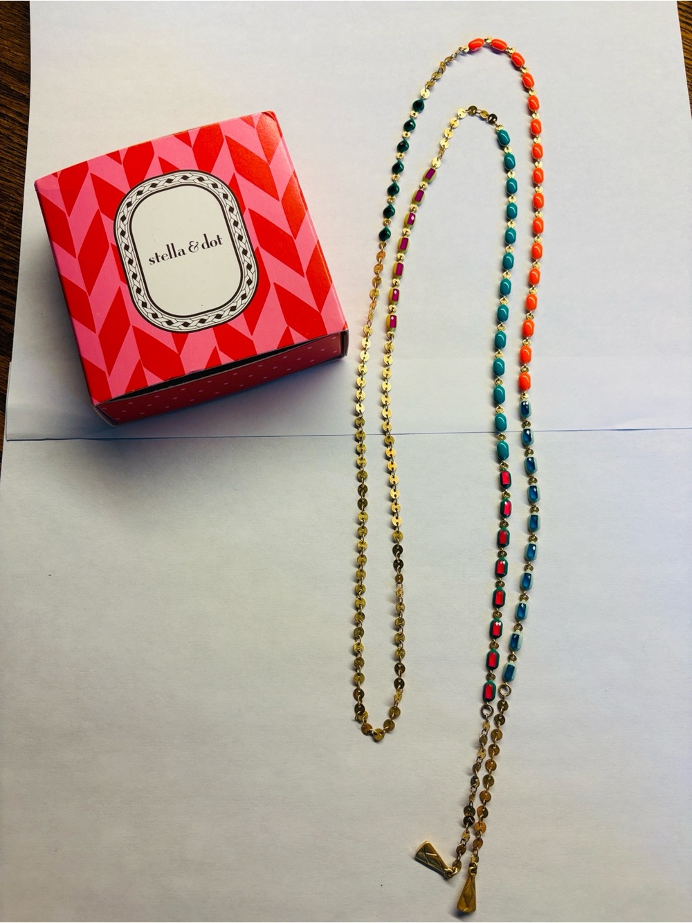 Stella & Dot Gold Francis Lariat Necklace with Turquoise Coral and Pink Accents